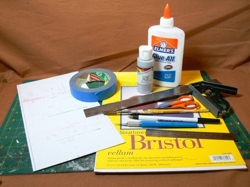 Photograph of materials for making HO scale corrugated roofing using Bristol Board 
 and paint