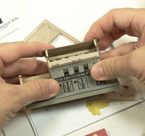 Adding the roof to the Curtis Bros. Plumbing Supply Co Z-scale model railroad kit